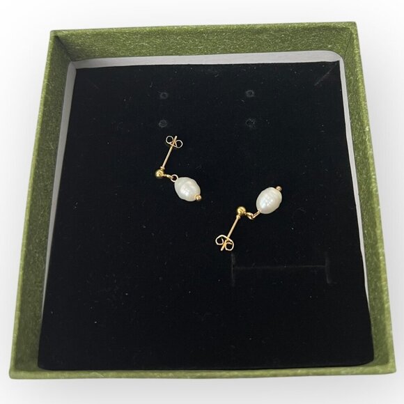Freshwater Pearl Drop Gold Tone Sterling Silver Earrings with gift box New - Picture 4 of 5